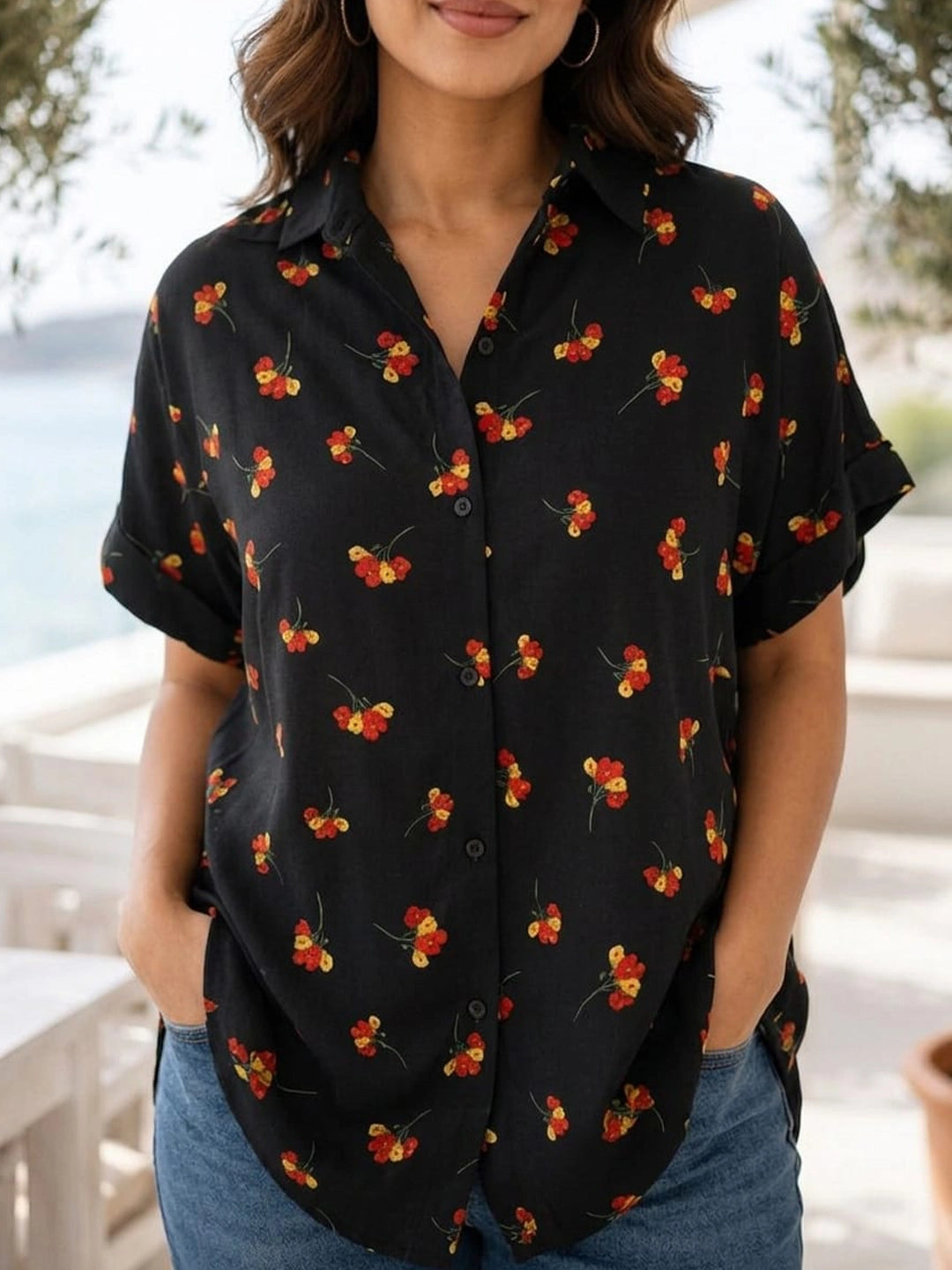 Black floral print shirt