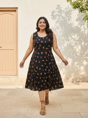 Black floral print rayon dress