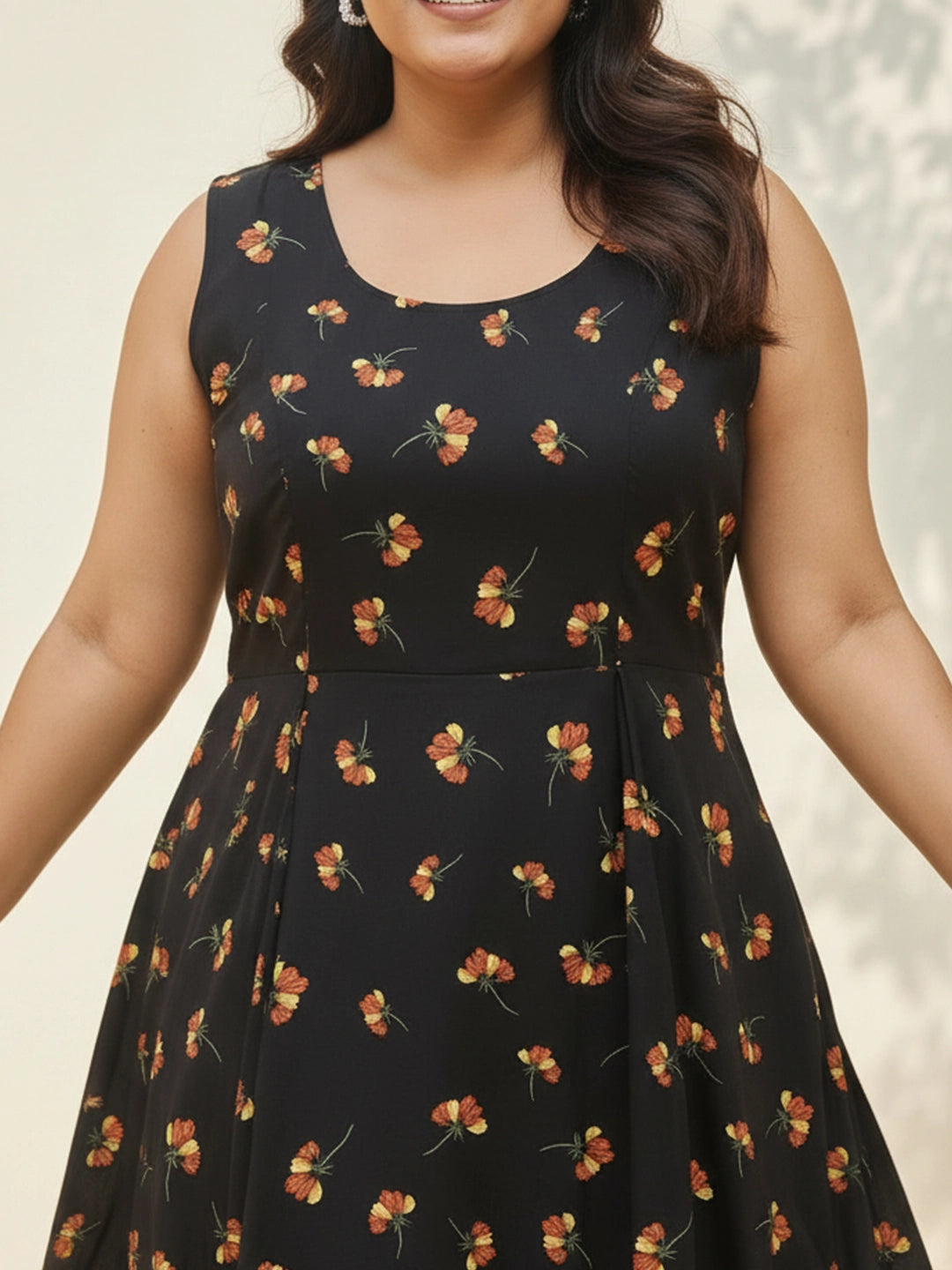 Black floral print rayon dress