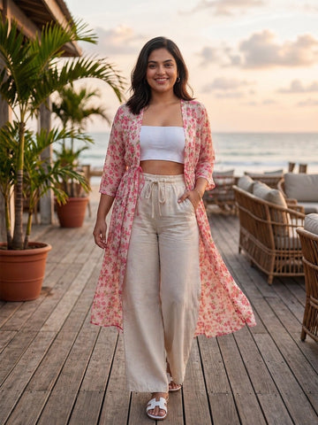 Pink floral swiss dot longline shrug