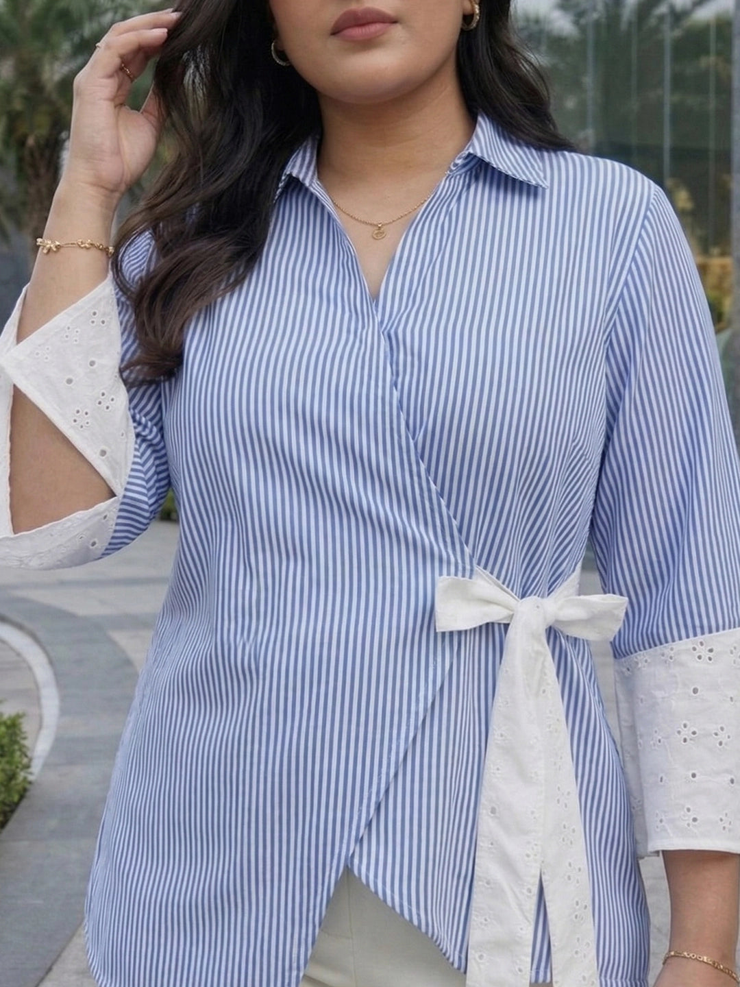 Blue stripe wrap-around shirt