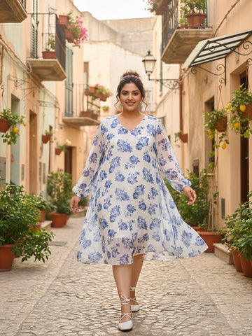 Blue floral dress with balloon sleeves