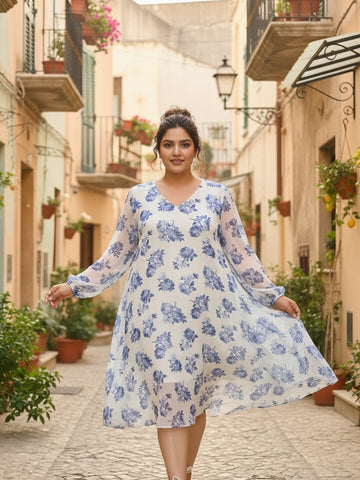 Blue floral dress with balloon sleeves