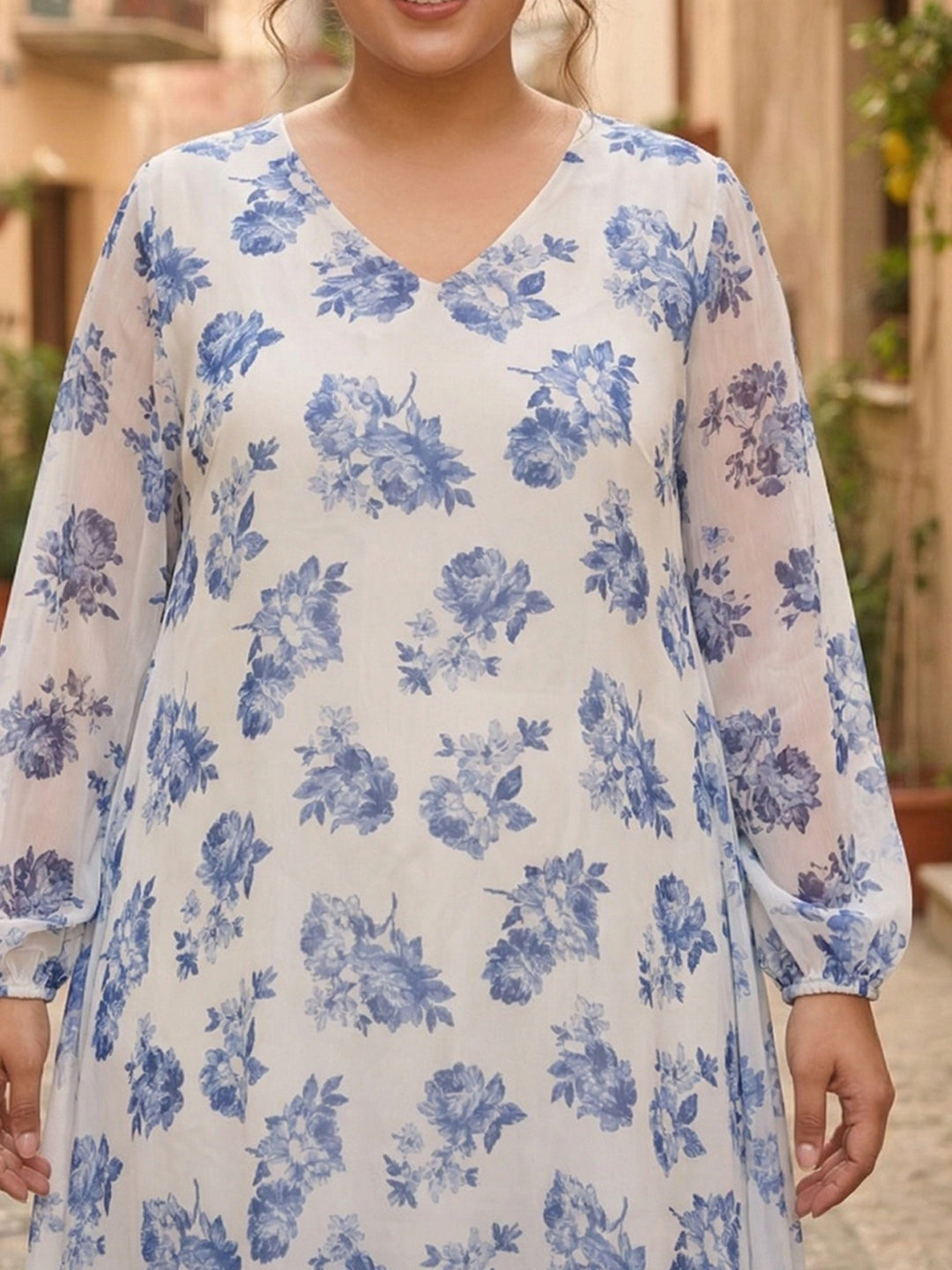 Blue floral dress with balloon sleeves