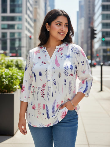 Satin floral half placket shirt