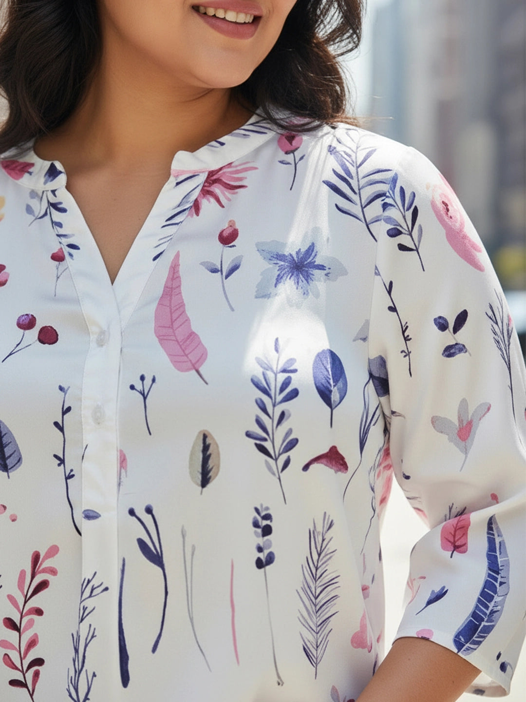 Satin floral half placket shirt