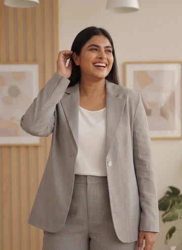 Gray Cotton Notch Collar Blazer