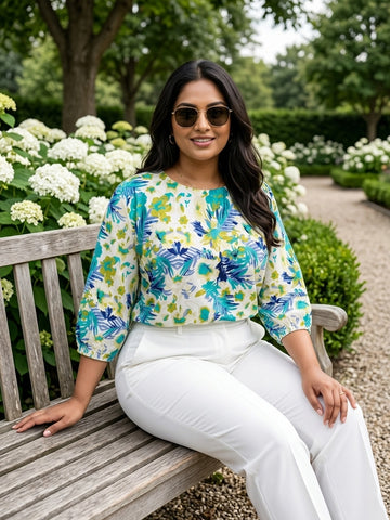 Tropical Print Crepe Balloon Top with Back Bow