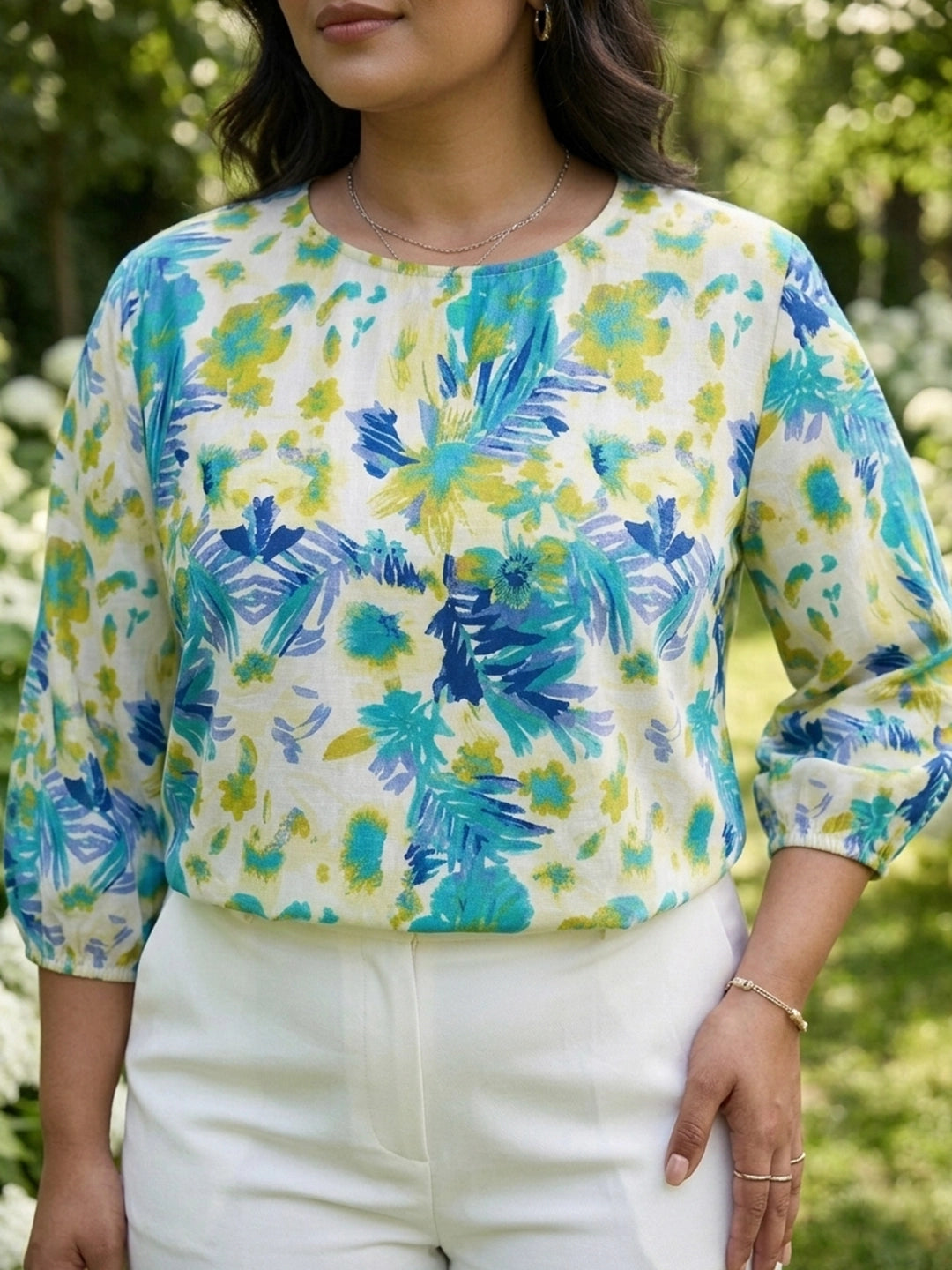 Tropical Print Crepe Balloon Top with Back Bow