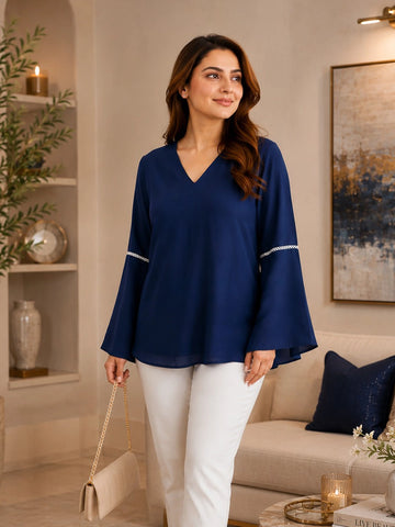 Navy V- neck top with bell sleeves