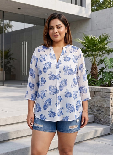 Blue floral print mandarin collar shirt