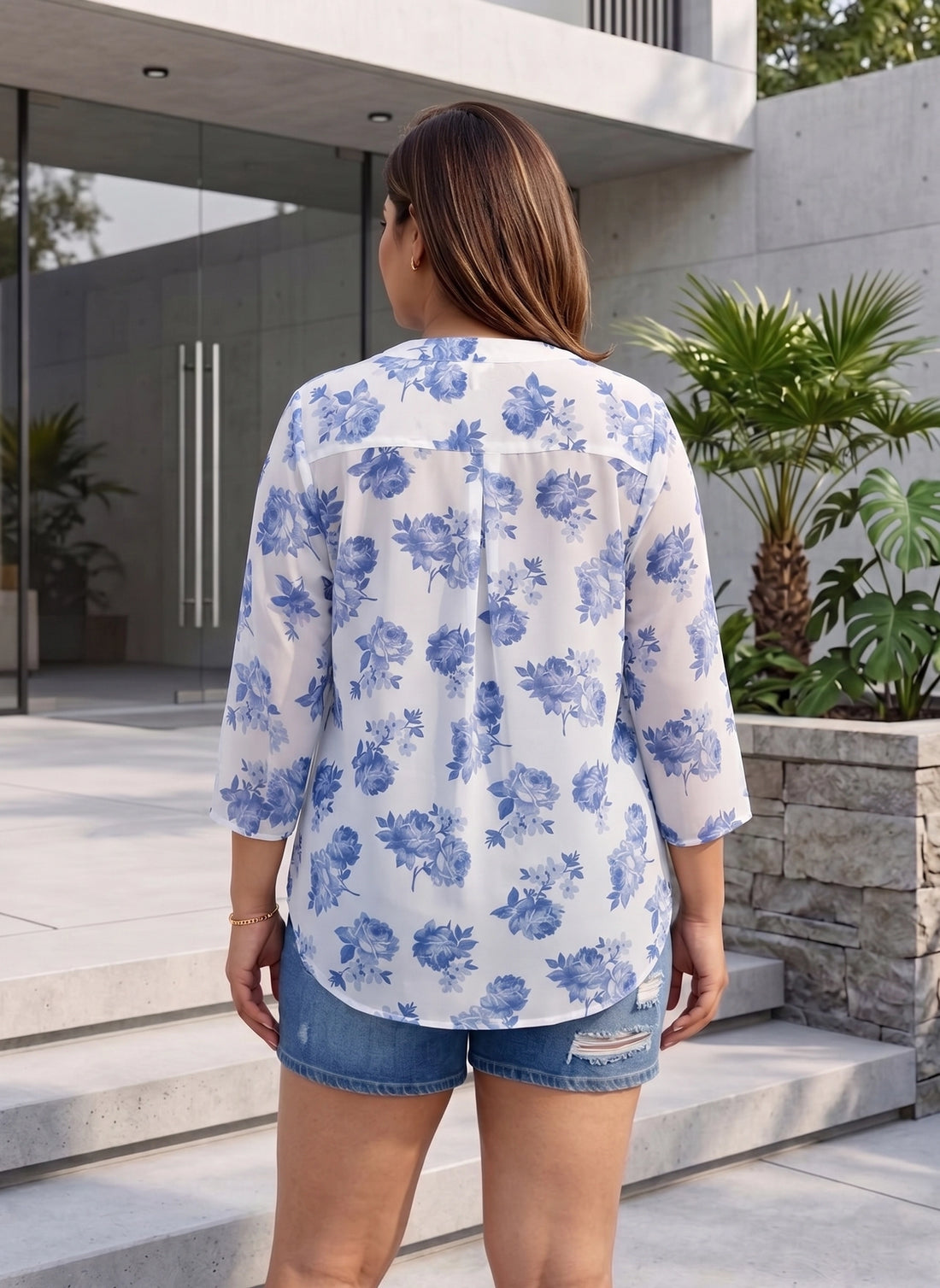 Blue floral print mandarin collar shirt