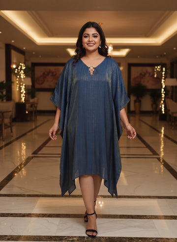 Teal silk blend kaftan with neck embellishment