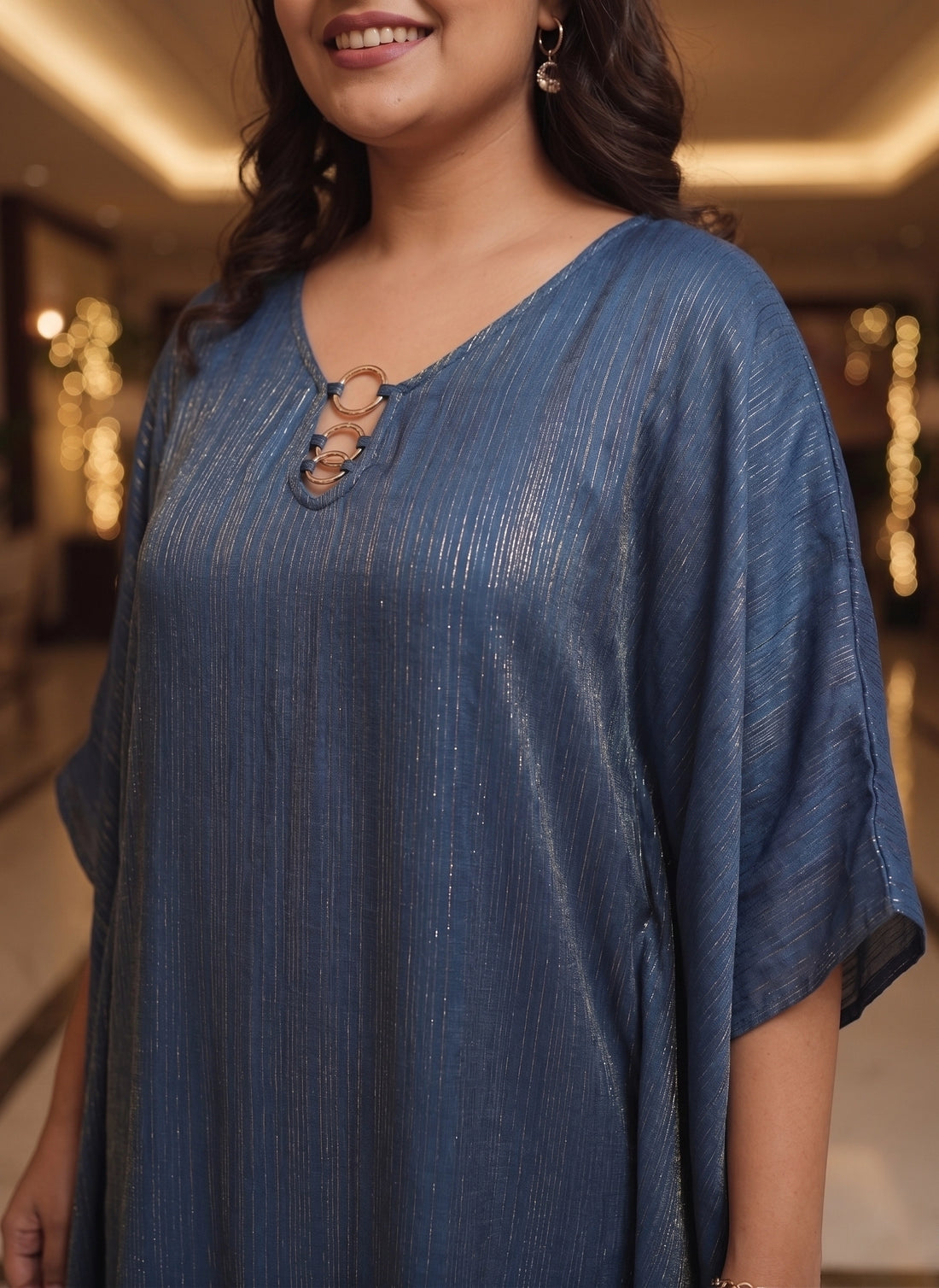 Teal silk blend kaftan with neck embellishment
