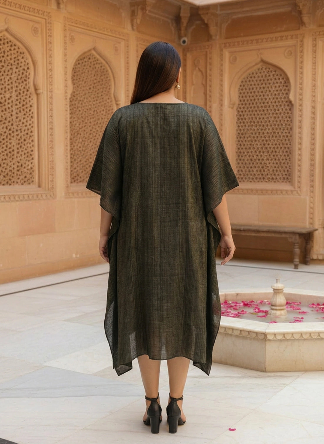 Olive silk blend kaftan with neck embellishment