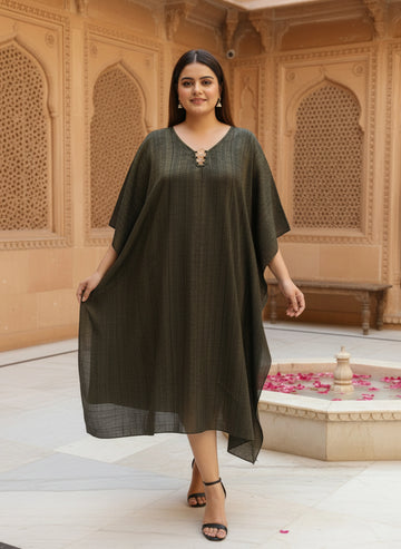 Olive silk blend kaftan with neck embellishment