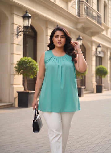 Turquoise Rayon Scoop Neck Top