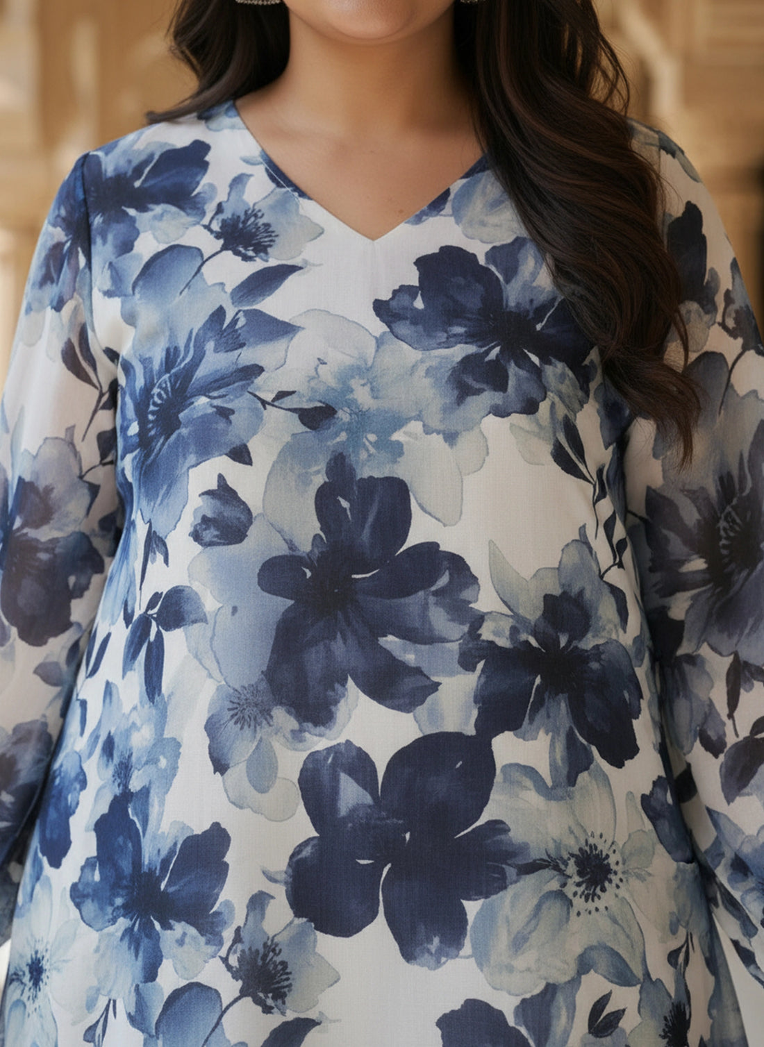 V Neck A-line Georgette Dress with Puff Sleeve