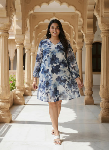V Neck A-line Georgette Dress with Puff Sleeve