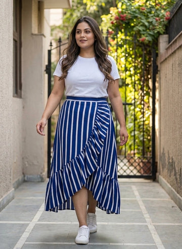 Blue and white stripe wrap-around skirt