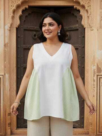 V neck top with side pleated yoke