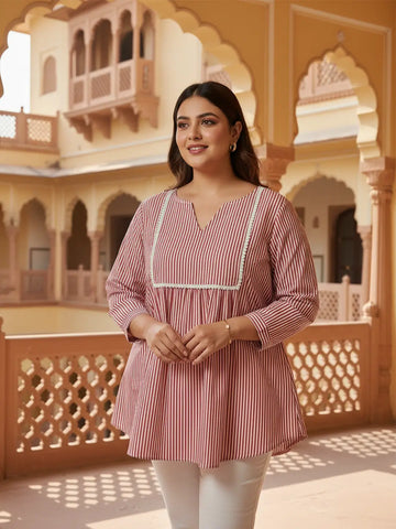 Cotton stripe top with lace detailing