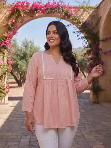Cotton stripe top with lace detailing