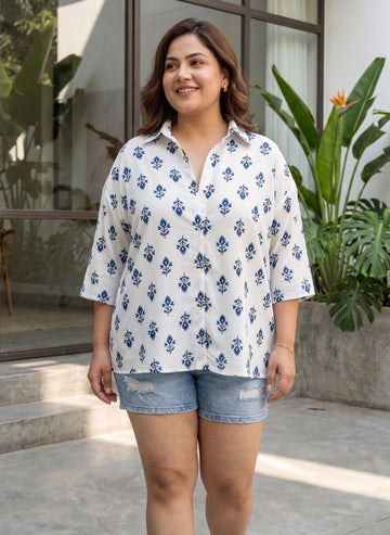 Teal floral print drop shoulder shirt