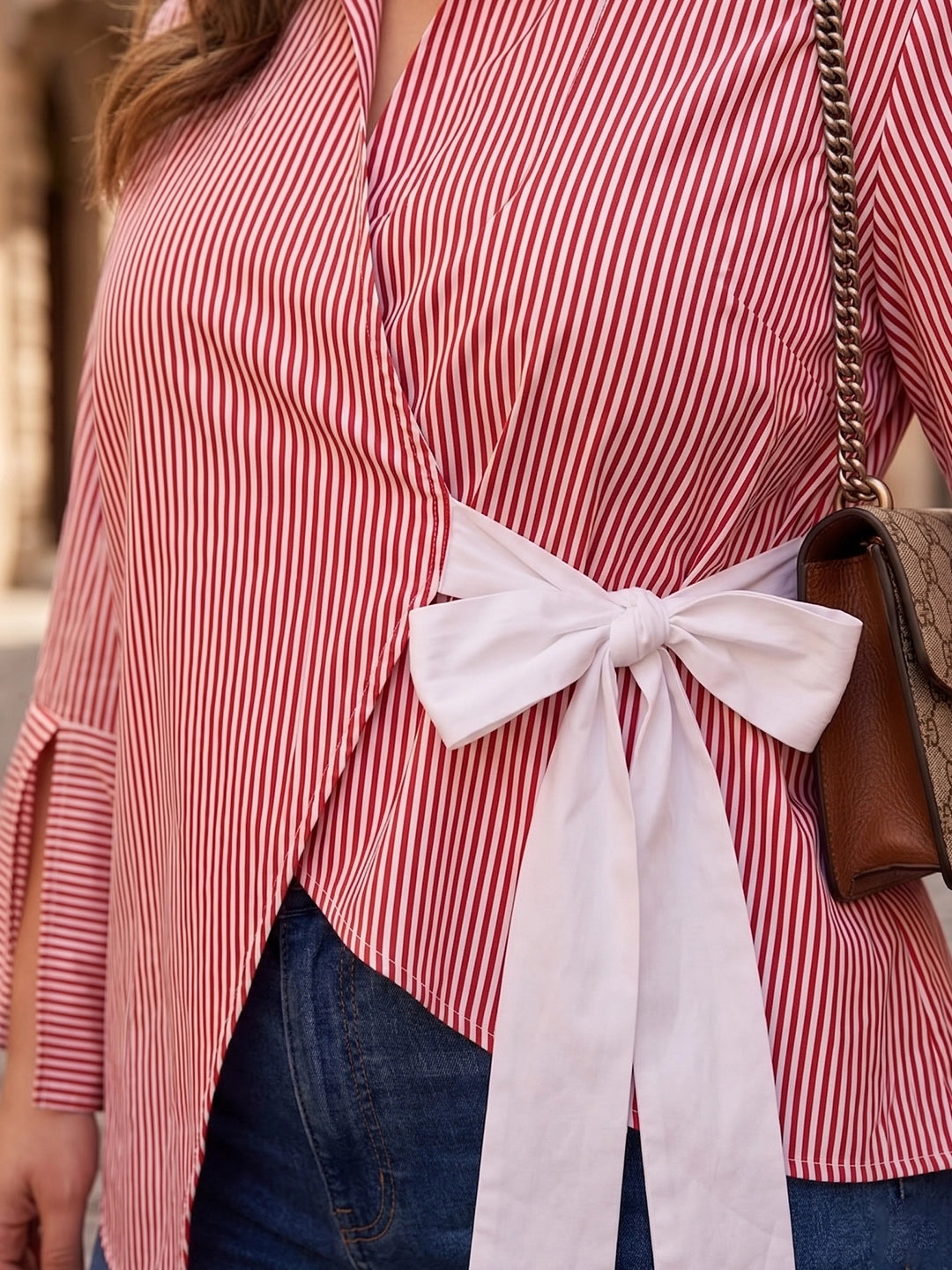 Red stripe wrap around shirt