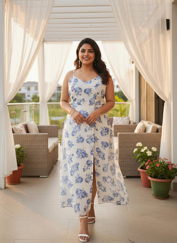 White and Blue floral georgette slit dress