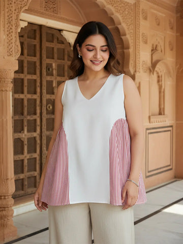 V neck cotton top with side red stripe yoke