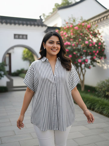 Grey cotton stripe drop shoulder shirt
