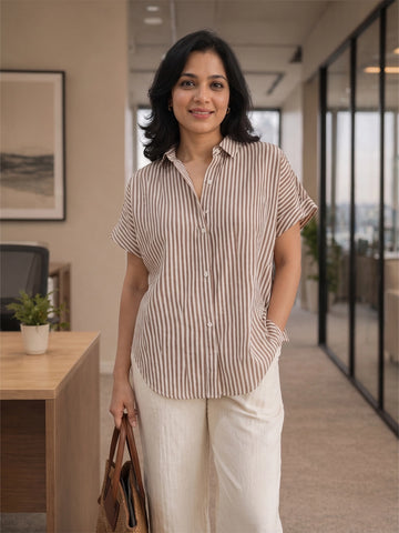 Brown cotton stripe drop shoulder shirt