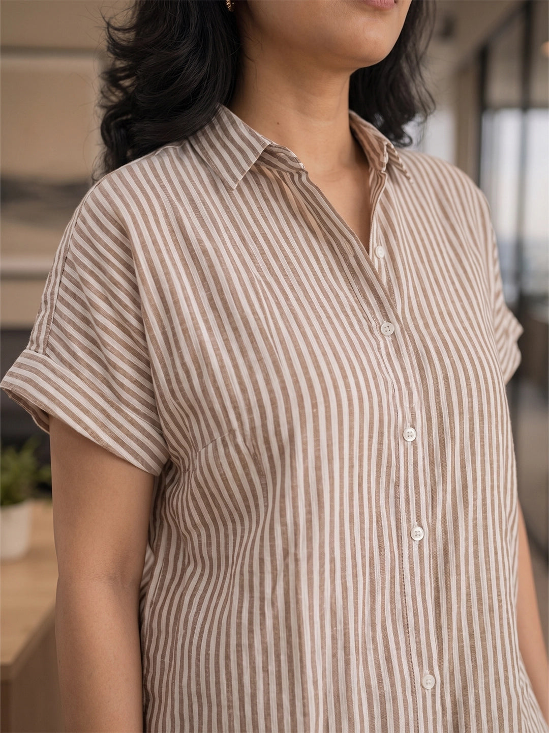Brown cotton stripe drop shoulder shirt