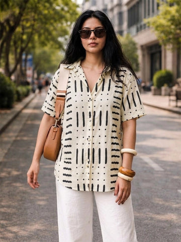 Ivory and black geometric print shirt