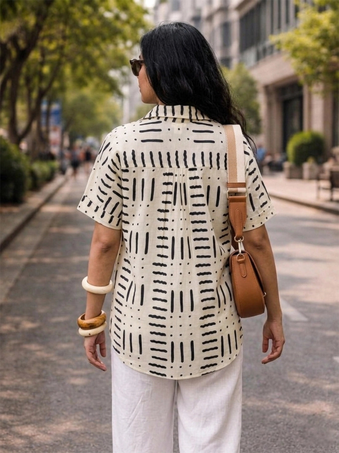 Ivory and black geometric print shirt