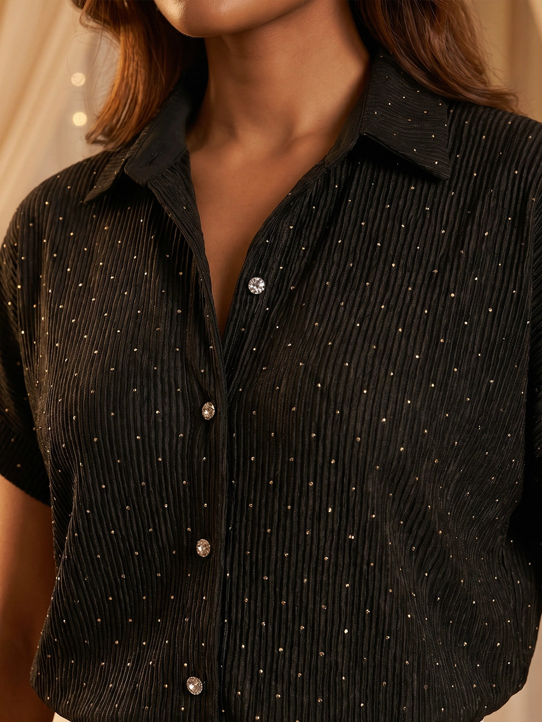 Textured Lycra Drop Shoulder Shirt with Stone embellishment