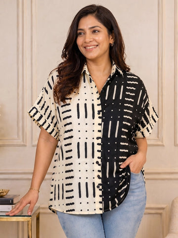 Black and ivory geometric print block shirt