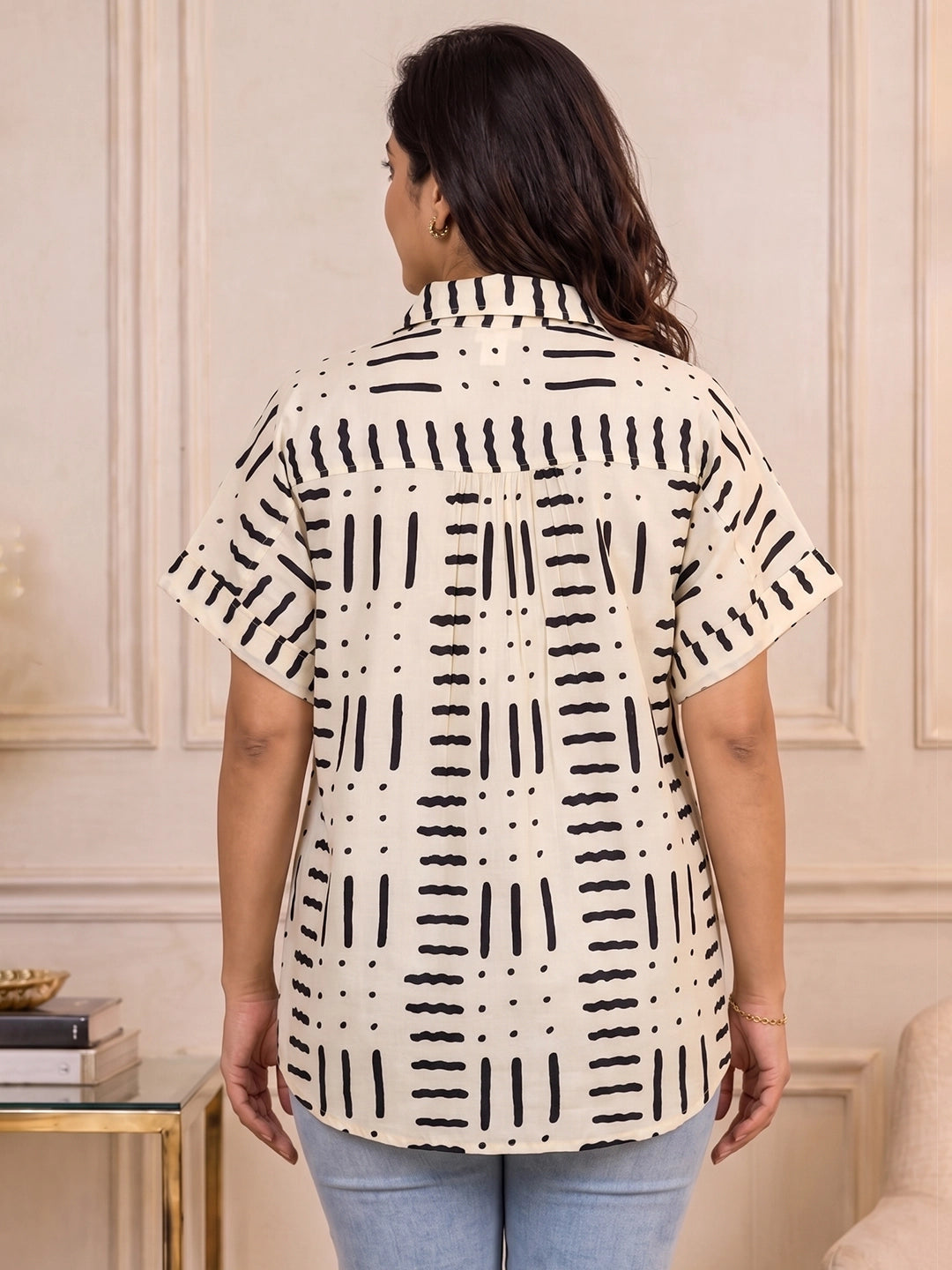 Black and ivory geometric print block shirt