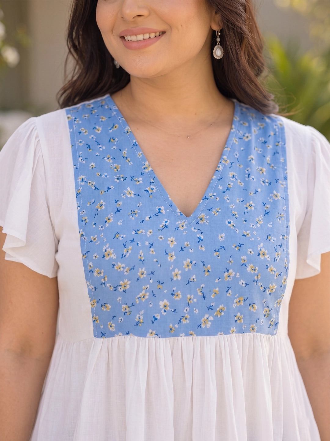 V Neck White Rayon Top with Printed yoke