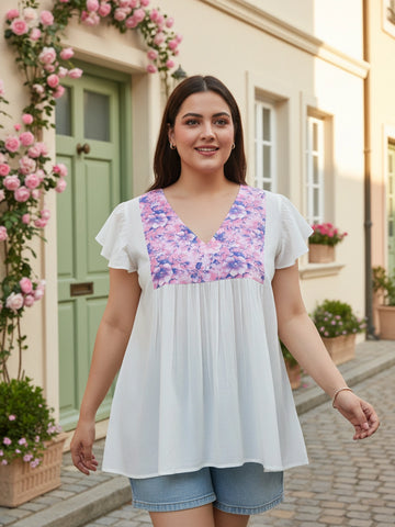 V Neck Rayon Top with Printed Yoke