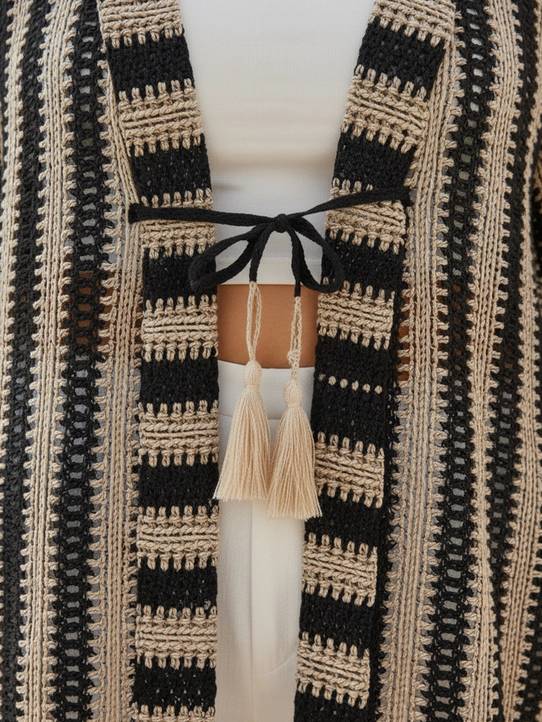 Beige and Black Crochet Bell Sleeve Shrug