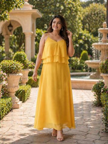 Yellow v-neck Ruffle flared dress
