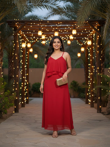 Red georgette V neck ruffle flared dress