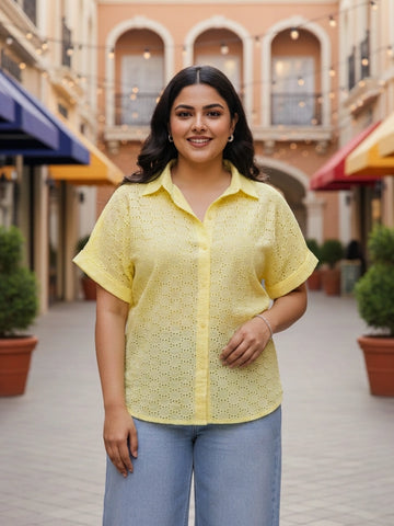 Yellow schiffli drop shoulder shirt