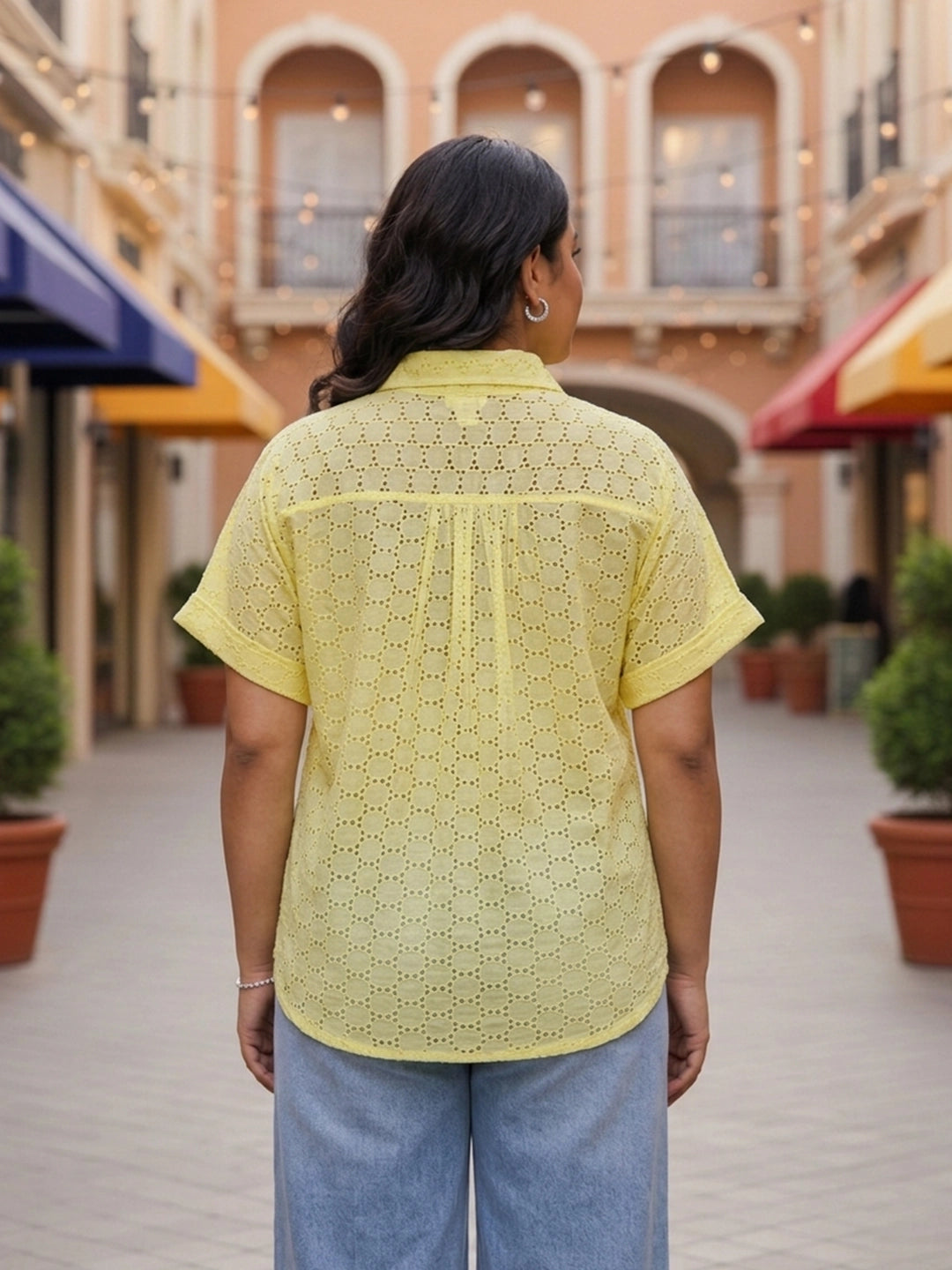 Yellow schiffli drop shoulder shirt