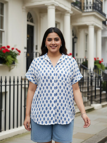 White n blue block print drop shoulder shirt
