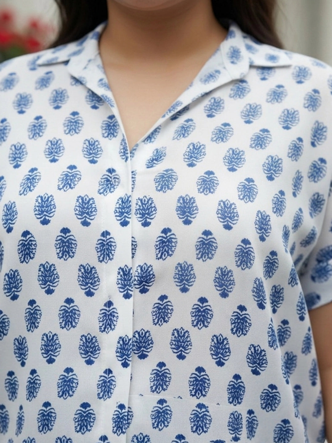 White n blue block print drop shoulder shirt