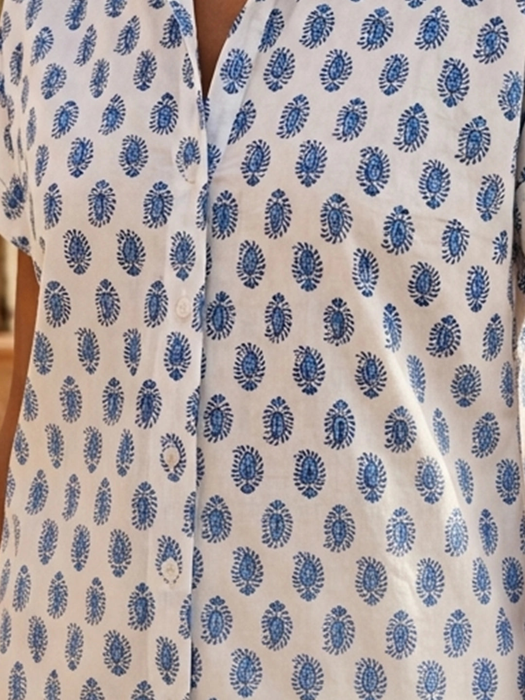 White n blue block print drop shoulder shirt
