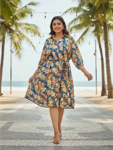 Multi floral print moss crepe Shirt Dress